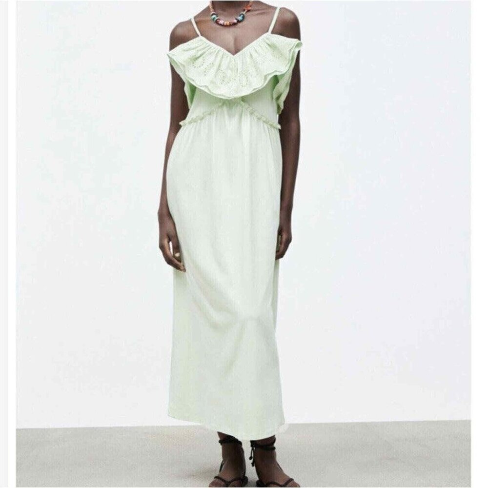 Zara Women's Stretchy Cotton Light Green Ruffle Eyelet Sleeveless Maxi Dress - S